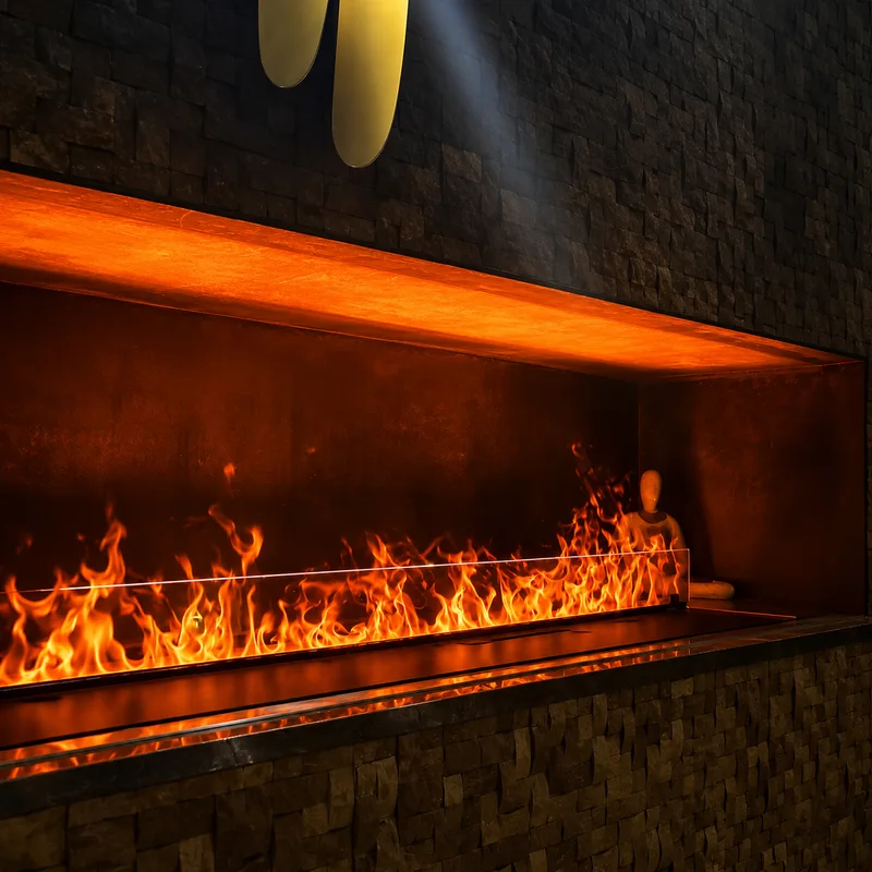 Паровой камин Schönes Feuer в каменной нише ресторана Bamboo.Bar — боковой ракурс