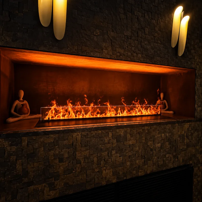 Общий вид ниши с паровым камином в ресторане Bamboo.Bar, Москва-Сити